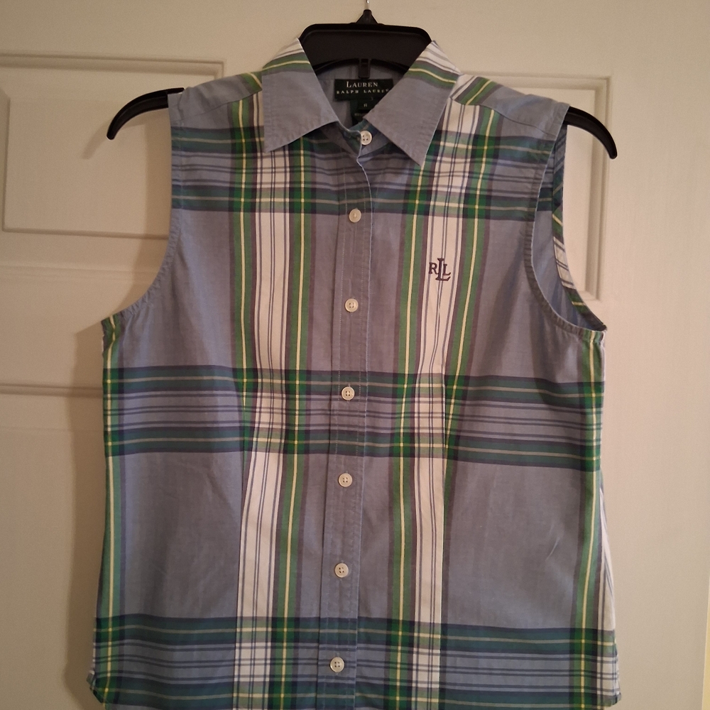 Ralph Lauren Men's Green and Blue Plaid Sleeveless Shirt